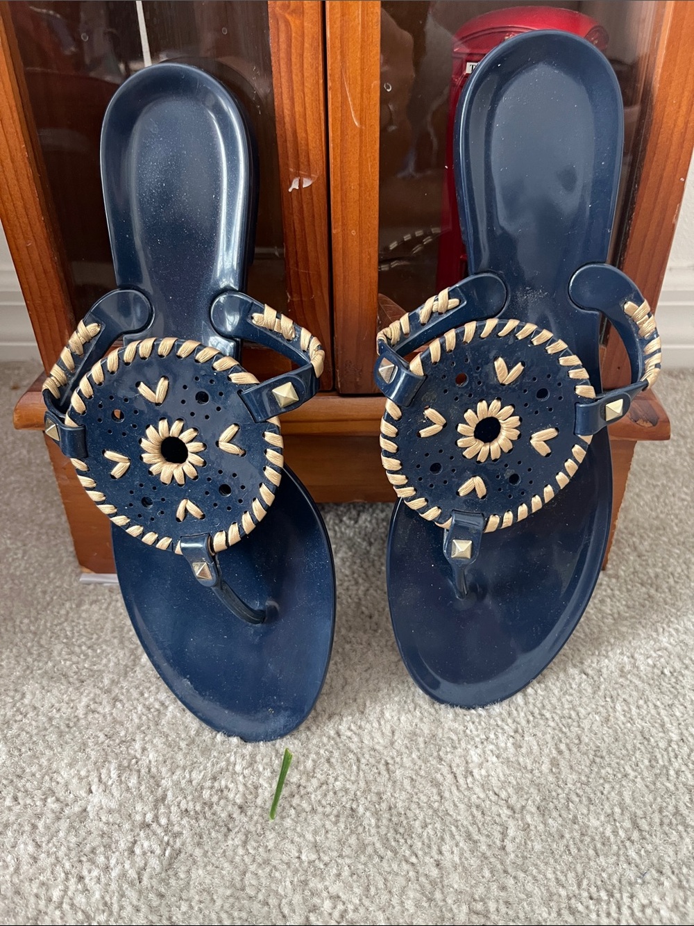 Jack Rogers Navy Blue and Tan Decorative Thong Sandals